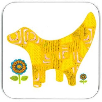 Coaster with an illustration of the Super Lambanana statue on it, made from a photo-collage of knitted fabric in Tula Moon's distinctive bright patchwork style.