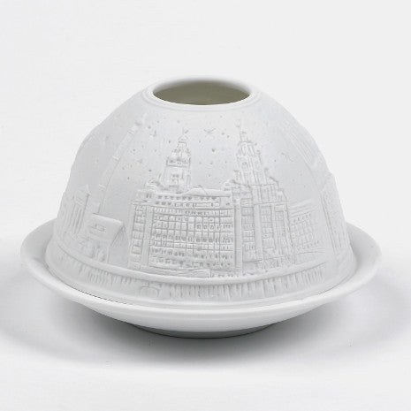 Round white china tealight holder with Liverpool's skyline embossed around the outside.