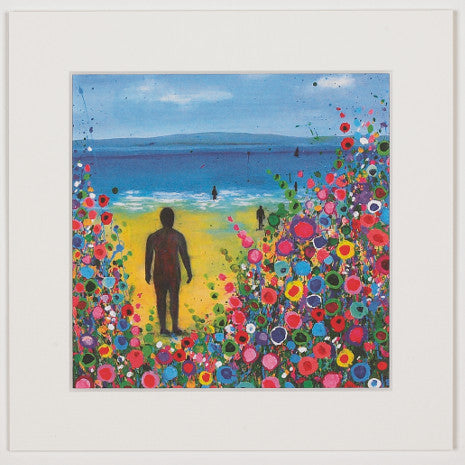 Print of a painting showing the iron man sculptures on Crosby beach surrounded by abstract flowers.