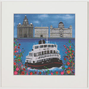 Print of a painting of a ferry crossing the river Mersey in front of the 'three graces' Liverpool buildings.