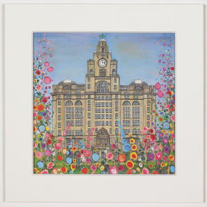 Print of a painting of Liverpool's icon Liver Building surrounded by abstract flowers.