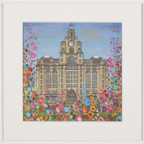 Print of a painting of Liverpool's icon Liver Building surrounded by abstract flowers.