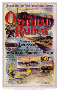 Reproduction poster advertising the Liverpool Overhead Railway with some illustrations of scenery on the route.