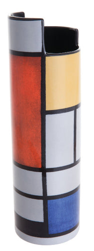 Cylindrical vase with asymmetric top, showing a reproduction of on of Mondrian's abstract paintings.