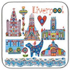 A coaster featuring illustrations of some of Liverpool's most iconic landmarks in Tula Moon's distinctive bright patchwork style.
