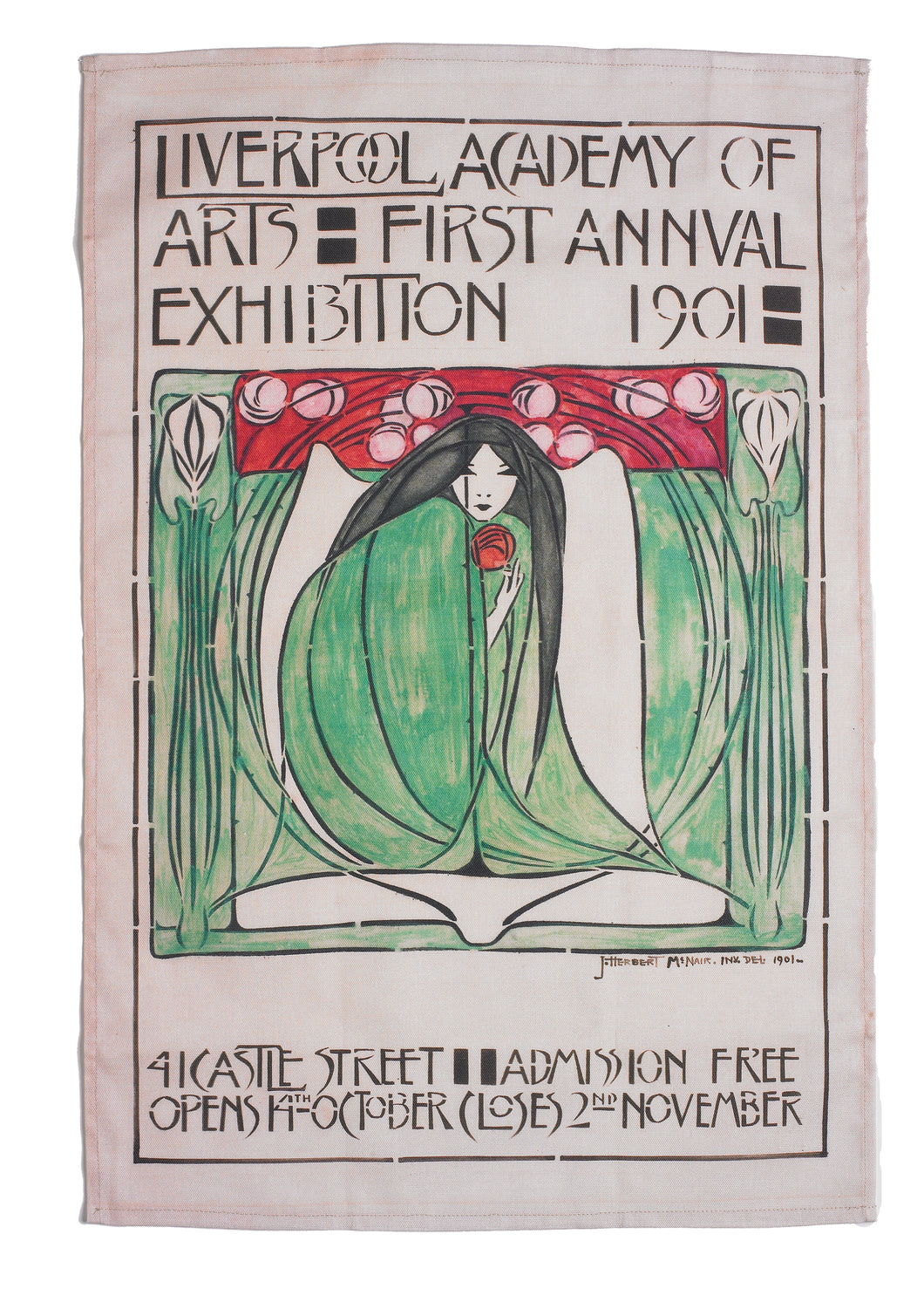 Rectangular tea towel showing a reproduction of a poster advertising a Liverpool Academy of Arts exhibition, featuring an illustration of a woman, crouched, dressed in a green and holding a red flower.