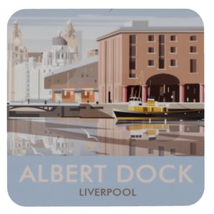 Square coaster with an illustration of Liverpool's Albert Dock.