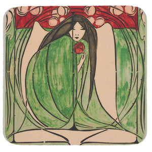Square coaster with rounded corners, showing an illustration of a crouched woman in a green dress holding a red flower.