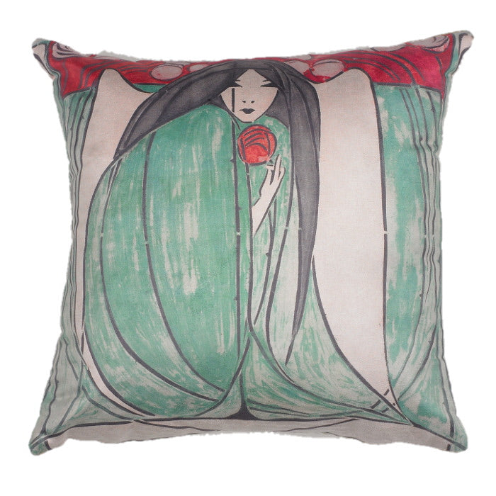 Square cushion with a reproduced poster, showing an illustration of a woman in a green dress clutching a red flower 