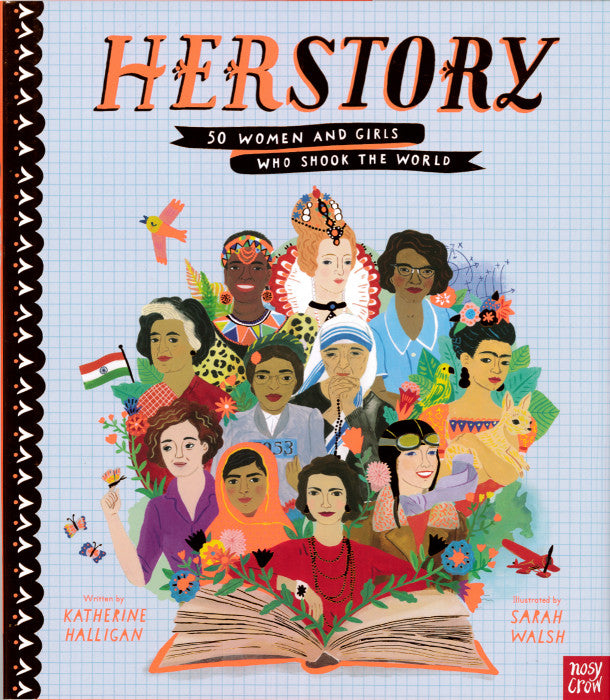 Front cover of Herstory, with illustrations of several brilliant women emerging from the pages of a book.