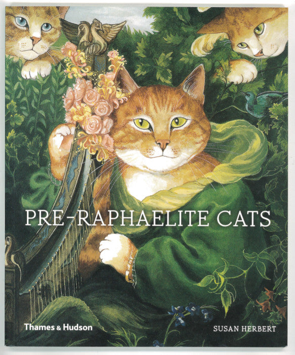 Front cover of Pre-Raphaelite Cats book, showing a cat in a green dress, playing a harp.