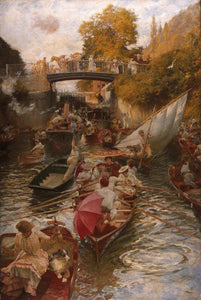 Boulter's Lock, Sunday Afternoon shows a busy canal scene with many boats full of people and animals partaking in an afternoon of leisure.