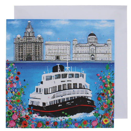 Greeting card with a painting of a ferry going across the Mersey in front of the 'three graces' Liverpool buildings.