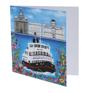 Greeting card with a painting of a ferry going across the Mersey in front of the 'three graces' Liverpool buildings.