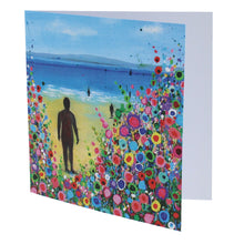 Load image into Gallery viewer, Greeting card with a painting of the statues on Crosby beach in the sunshine with a floral design.
