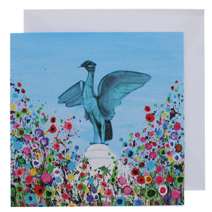 Greeting card with a painting of the Liver bird statue surrounded by abstract flowers.