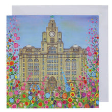 Load image into Gallery viewer, Greeting card with a painting of Liverpool&#39;s Liver building surrounded by abstract flowers.