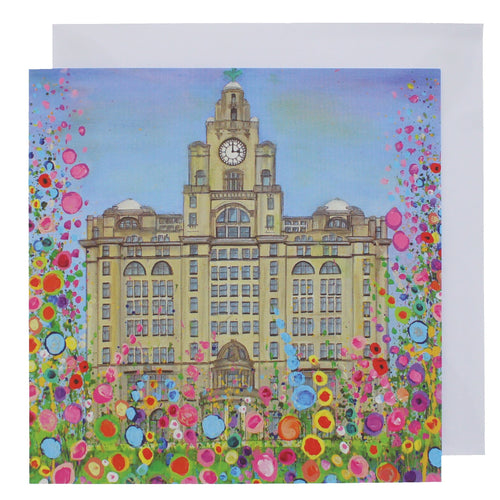 Greeting card with a painting of Liverpool's Liver building surrounded by abstract flowers.