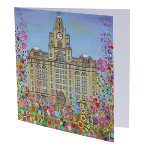Greeting card with a painting of Liverpool's Liver building surrounded by abstract flowers.