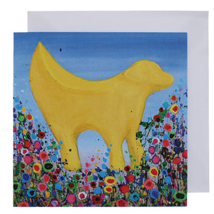 Greeting card with painting of Liverpool's Super Lambanana statue surrounded by abstract flowers.