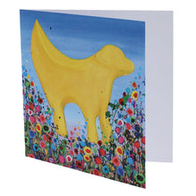 Load image into Gallery viewer, Greeting card with painting of Liverpool&#39;s Super Lambanana statue surrounded by abstract flowers.