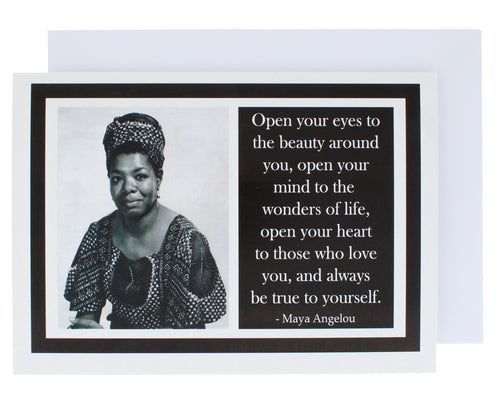 Greeting card showing a photograph of Maya Angeou on the left and a quote of hers on the right.