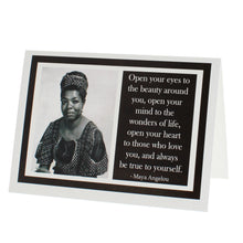 Load image into Gallery viewer, Greeting card showing a photograph of Maya Angeou on the left and a quote of hers on the right.