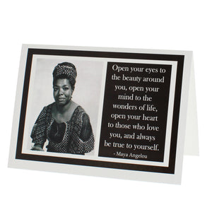 Greeting card showing a photograph of Maya Angeou on the left and a quote of hers on the right.