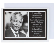 Load image into Gallery viewer, Greeting card with a photograph on Nelson Mandela on the left and a quote of his on the right.