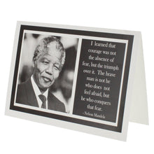 Load image into Gallery viewer, Greeting card with a photograph on Nelson Mandela on the left and a quote of his on the right.