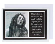 Load image into Gallery viewer, Greeting card with a photograph of Bob Marley on one side and a quote of his on the other.