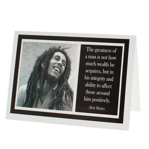 Greeting card with a photograph of Bob Marley on one side and a quote of his on the other.