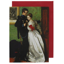 Load image into Gallery viewer, Greeting card showing a woman in a luxurious dress embracing a man in a military uniform.