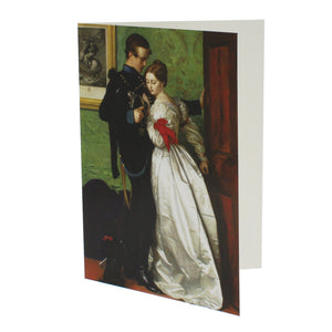 Greeting card showing a woman in a luxurious dress embracing a man in a military uniform.