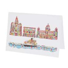 Load image into Gallery viewer, Front of card showing three buildings and a ferry in Tula Moon&#39;s distinctive colourful patchwork style.
