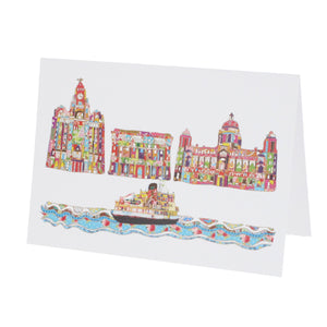 Front of card showing three buildings and a ferry in Tula Moon's distinctive colourful patchwork style.