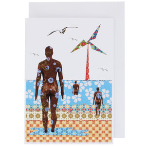 Greeting card showing a stylised illustration of Crosby beach in Tula Moon's distinctive bright patchwork style.