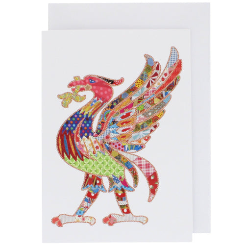 Front of greeting card showing a liver bird, in Tula Moon's distinctive colourful patchwork style.