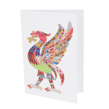 Load image into Gallery viewer, Front of greeting card showing a liver bird, in Tula Moon&#39;s distinctive colourful patchwork style.