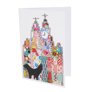 Greetings card showing the outline of the liver building in Tula Moon's distinctive colourful patchwork style.