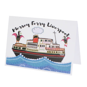 Greeting card with an illustration of a ferry and the heading Mersey Ferry Liverpool