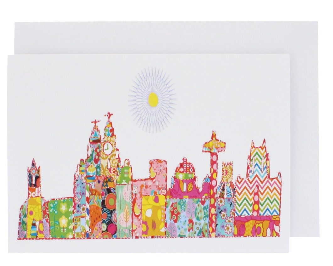 Greeting card with Liverpool's skyline illustrated in Tula Moon's distinctive bright patchwork style.