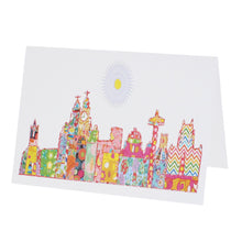 Load image into Gallery viewer, Greeting card with Liverpool&#39;s skyline illustrated in Tula Moon&#39;s distinctive bright patchwork style.