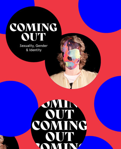 Catalogue for the Coming Out exhibition featuring abstract an abstract red and blue bubble design with a photograph of a man in an artistic mask.