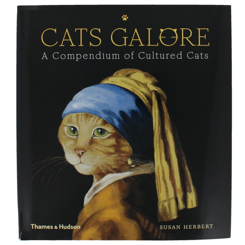 Front cover of Cats Galore showing a copy of Vermeer's Girl with a Pear Earring with the model replaced by a ginger cat 