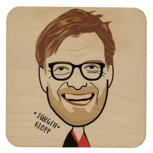 Square coaster with rounded corners and an illustration of Jurgen Klopp