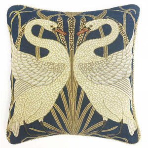 Square cushion with woven pattern showing two swans facing each other on a background of rushes.