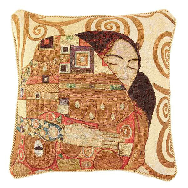 Square cushion with a woven detail from Gustav Klimpt's kiss painting showing a women embracing a man covered in a quilt.