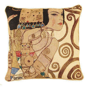 Square cushion showing a detail from Gustav Klimpt's tree of life design showing a woman in profile with jewels.