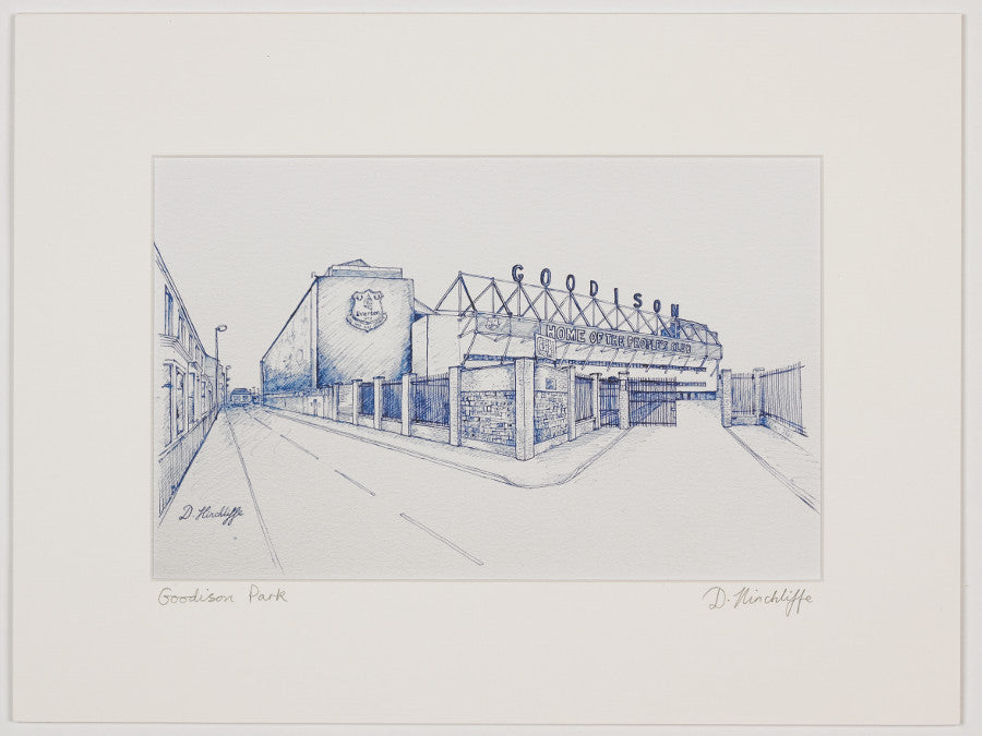 Print of blue ink drawing of goodison park, home of everton fc